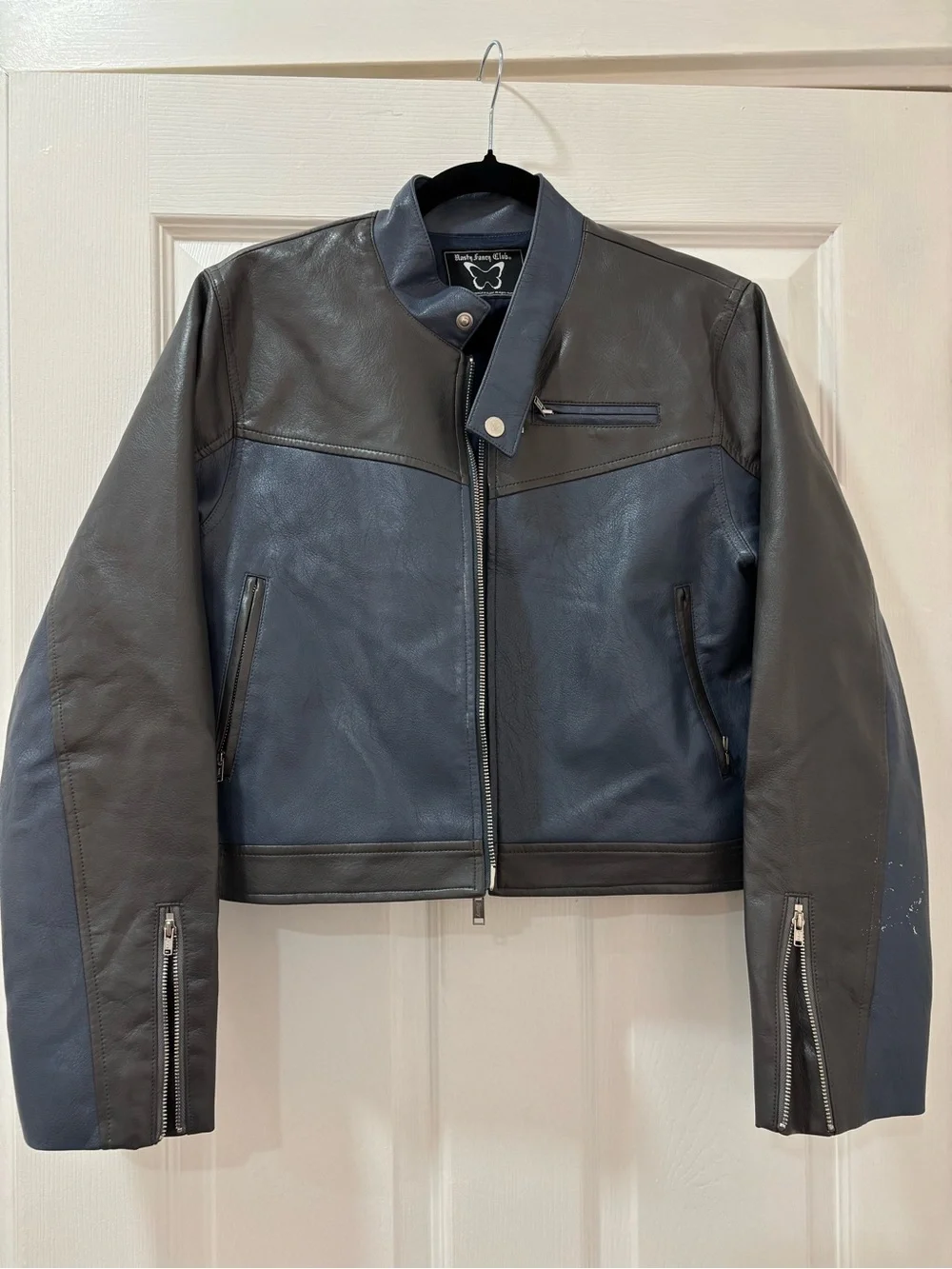 Two-Tone Navy & Grey Leather Jacket - Men